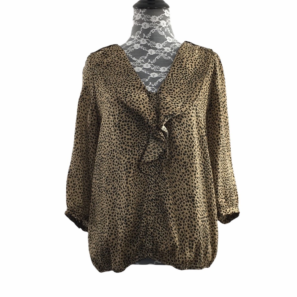 Zara Tan Black Animal Print Ruffle‎ Front Blouse
